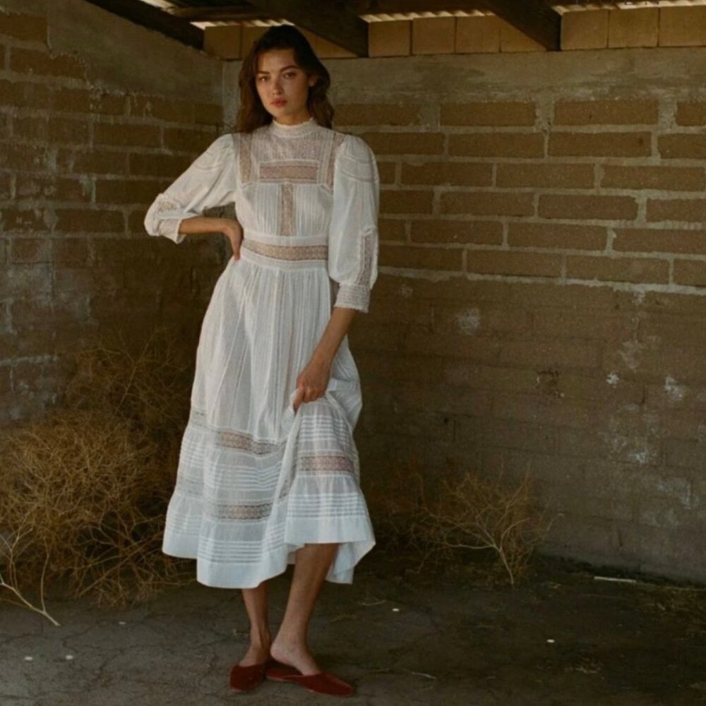 Doen Magnolia Dress - Medium - High Neck Lace Maxi Dress-  Salt